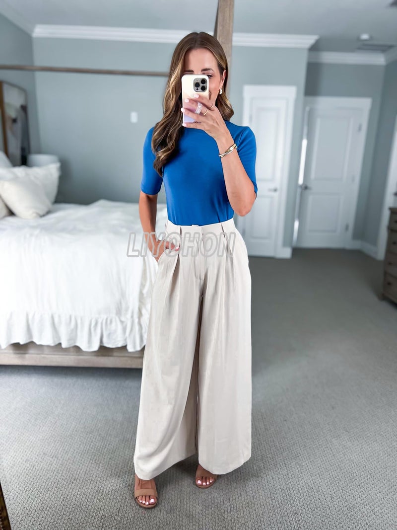 LIYOHON Womens Tops Dressy Casual Mock Turtleneck Business Short Sleeve T Shirts Going Out Tops 2025 Blue-M - Image 5